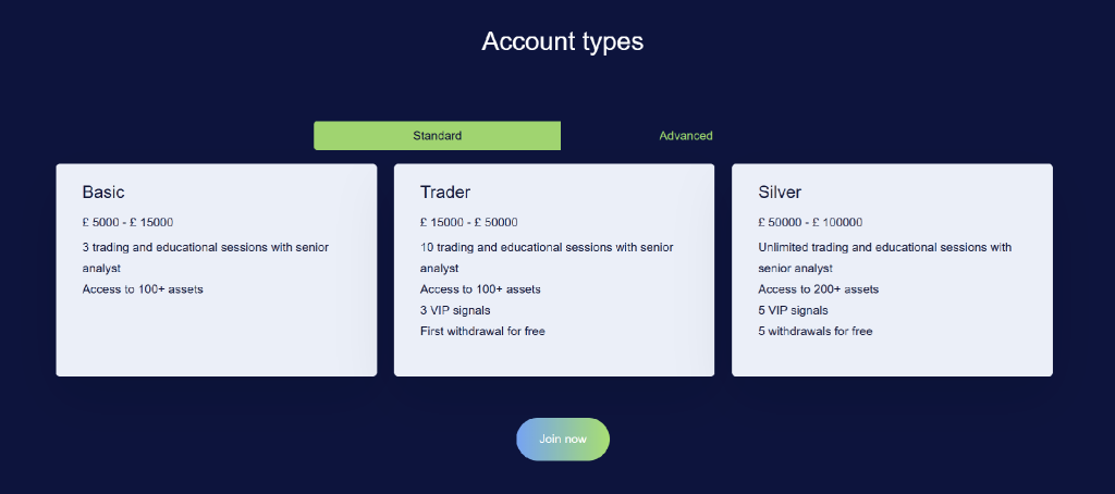 AURUM GROUP account types page displaying Basic, Trader and Silver account options.